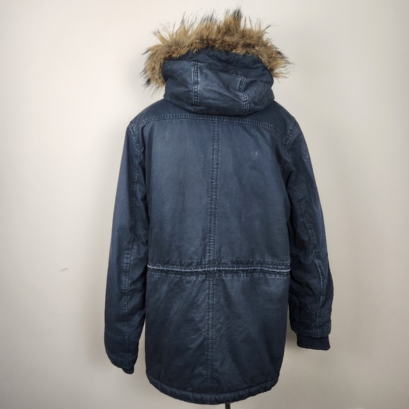 Abercrombie & Fitch VTG Y2K 2000s Men's Blue Parka Jacket Faux Fur Hood Size M - Picture 7 of 16
